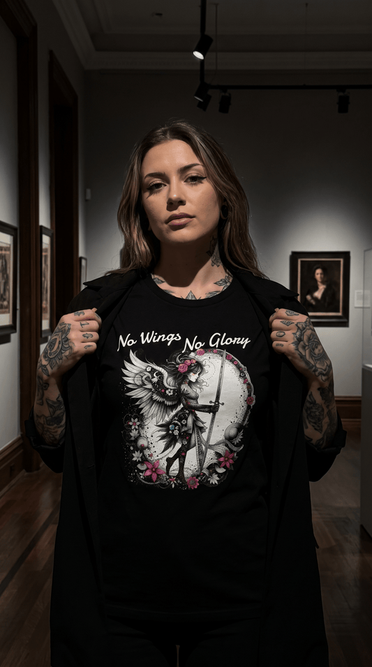 Angel Swordstress T-Shirt — No Wings, No Glory - Gothic Winged Angel Design - Marijuana Widow