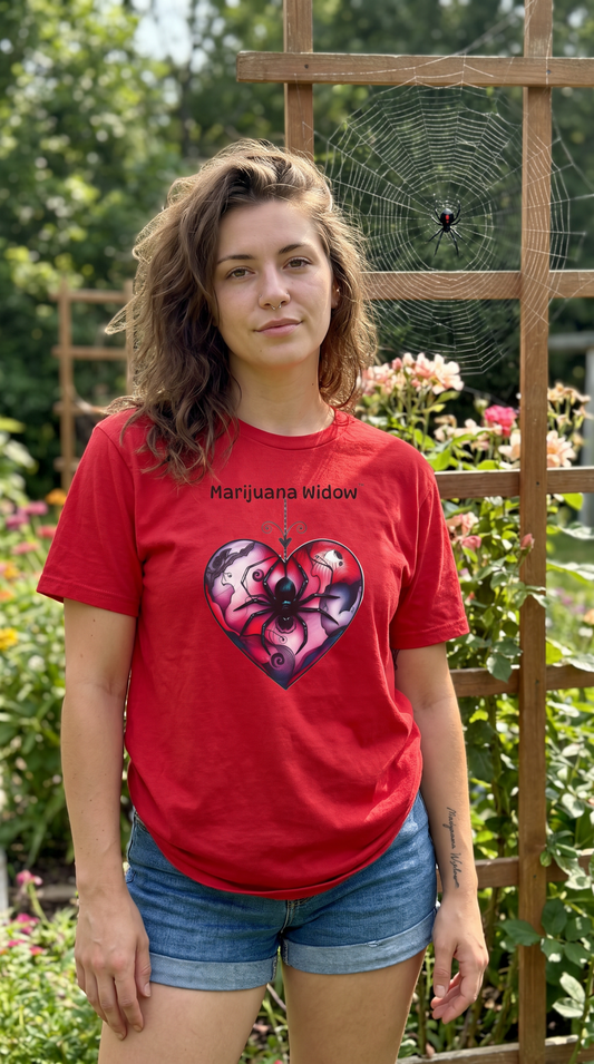 Valentine Heart with Spider Tee — Gothic Valentine Graphic Women's T-Shirt - Marijuana Widow