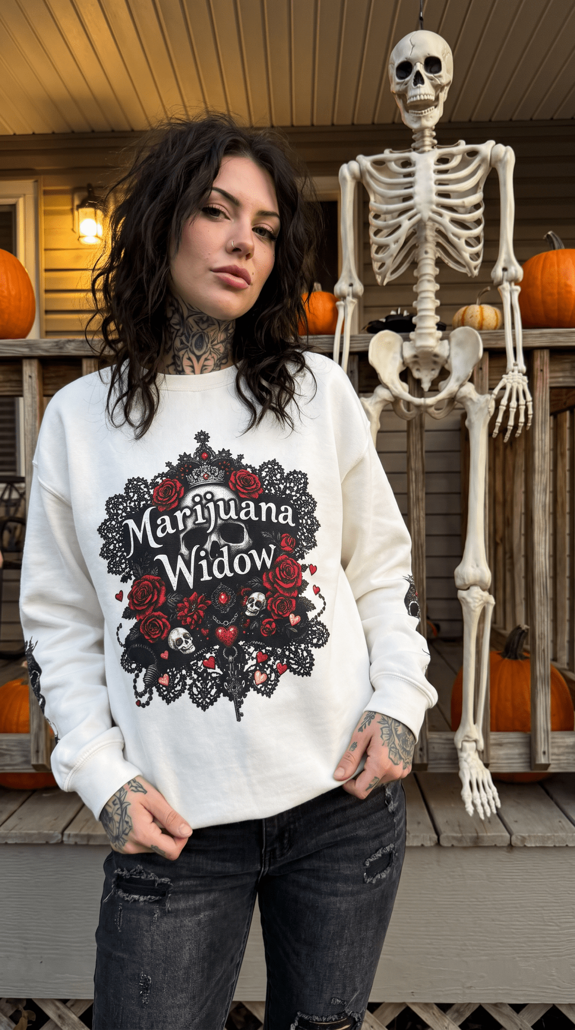 Marijuana Widow "Love My Skulls" Floral Crewneck Sweatshirt - Marijuana Widow
