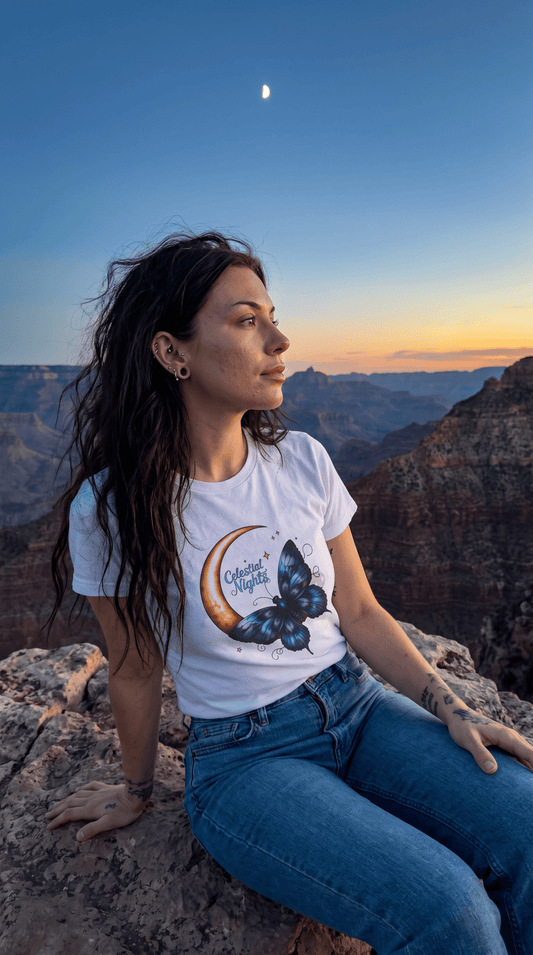 Celestial Nights - Moon & Indigo Butterfly Women's Tee - Marijuana Widow