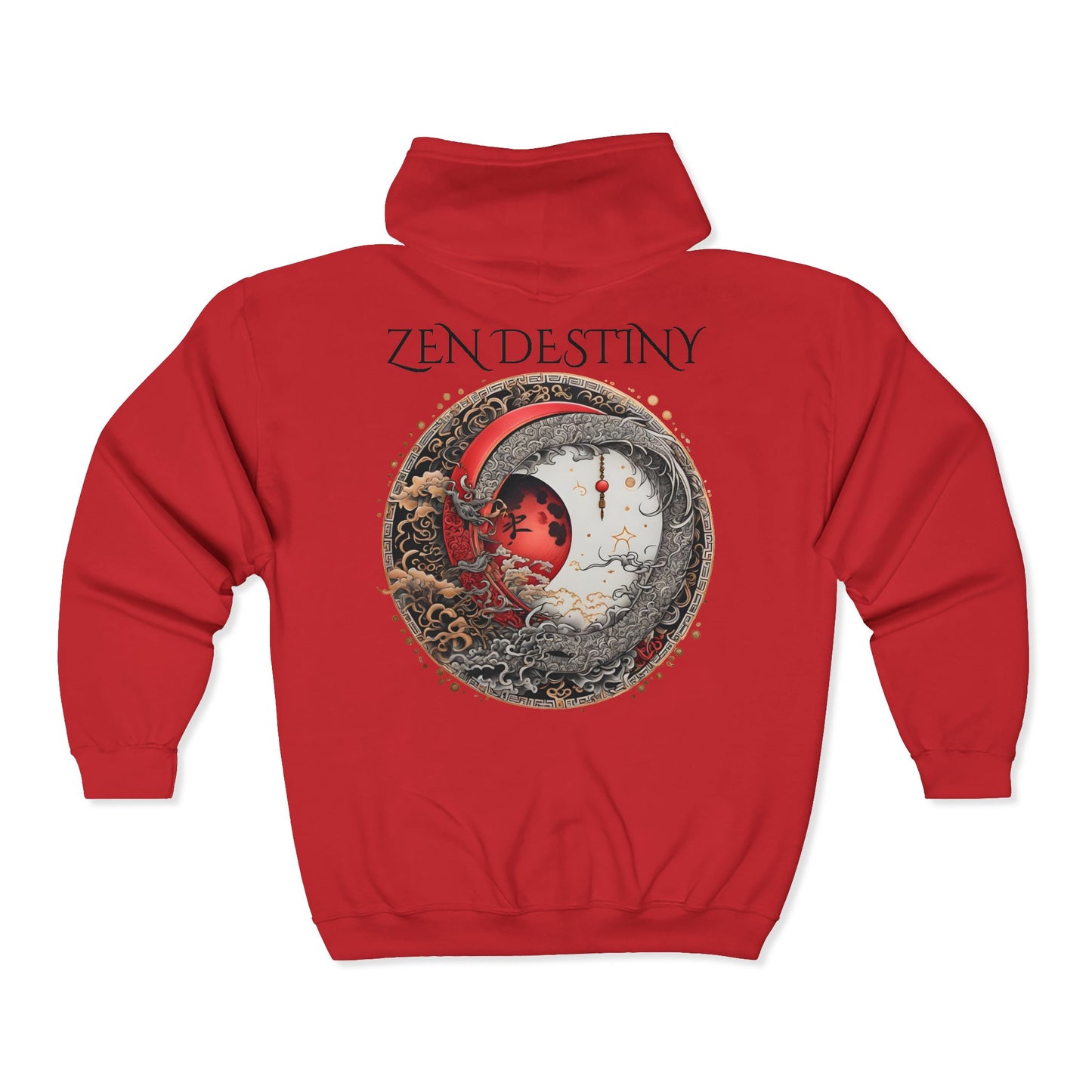 Zen Destiny - Moon & Butterfly Zip Hoodie — Japanese-Inspired Crescent Moon Graphic Zip-Up Unisex Sweatshirt