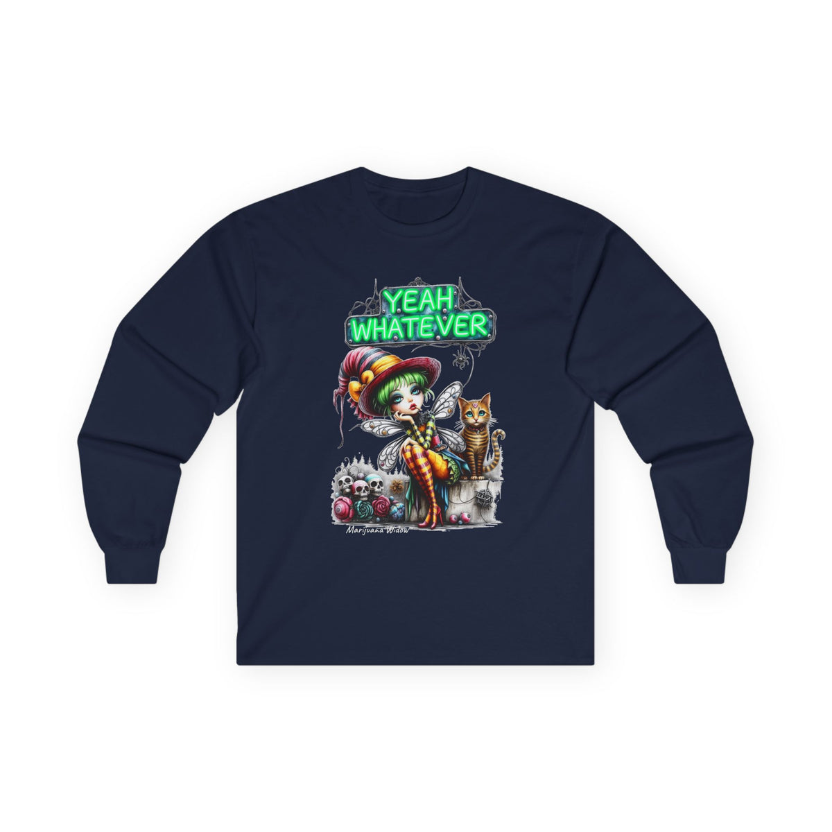 Halloween Fairy - Yeah Whatever - Fairy and Skeleton with Cat - Unisex Long Sleeve Tee - Marijuana Widow