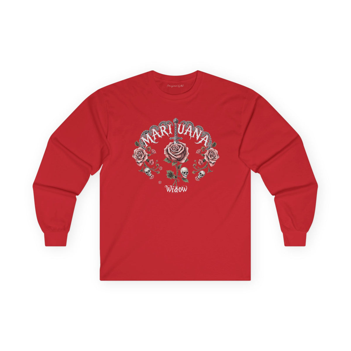 Knives and Roses Petal Pink Long Sleeve Tee — Pink Roses and Skulls with Sword Graphic - Marijuana Widow