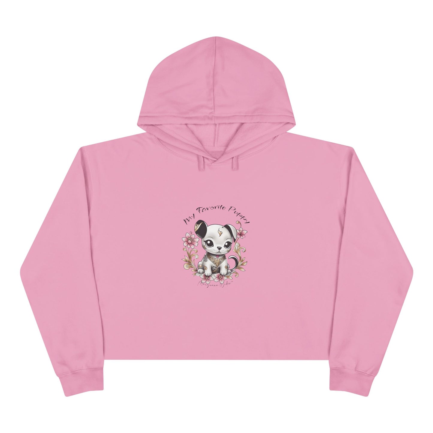 My Favorite Puppy - Crop Hoodie — Cute Kawaii Puppy with Pink Flowers - Women's Crop Hoodie