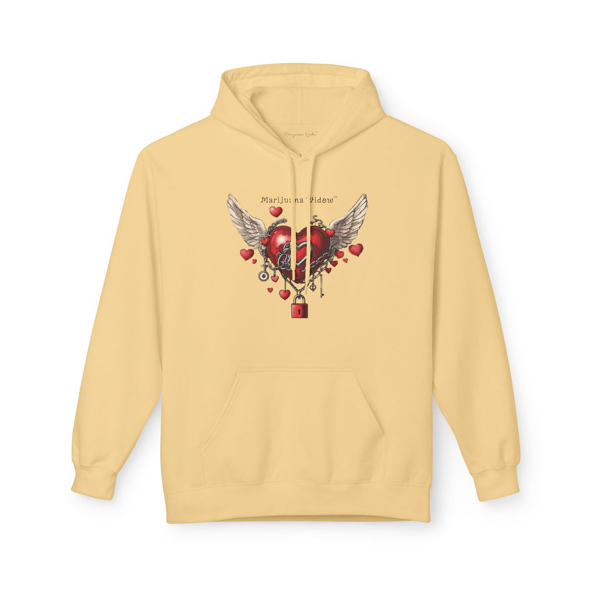 Winged Heart Lock Hoodie — Locked Heart Graphic Pullover Front and Back Graphic - Marijuana Widow