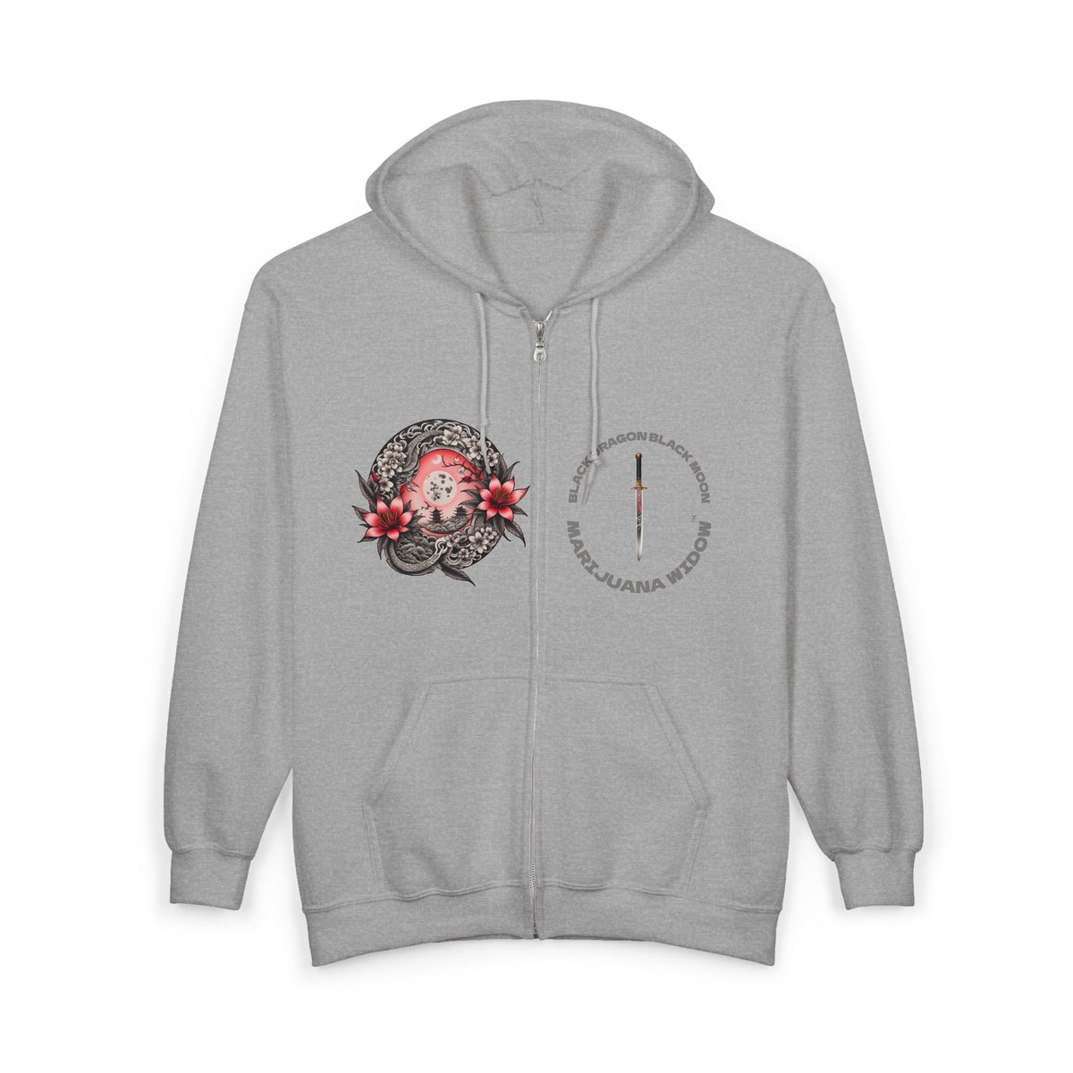 Black Dragon, Black Moon - Dragon Dagger Zip Hoodie – Sakura Sword Back Graphic - Marijuana Widow
