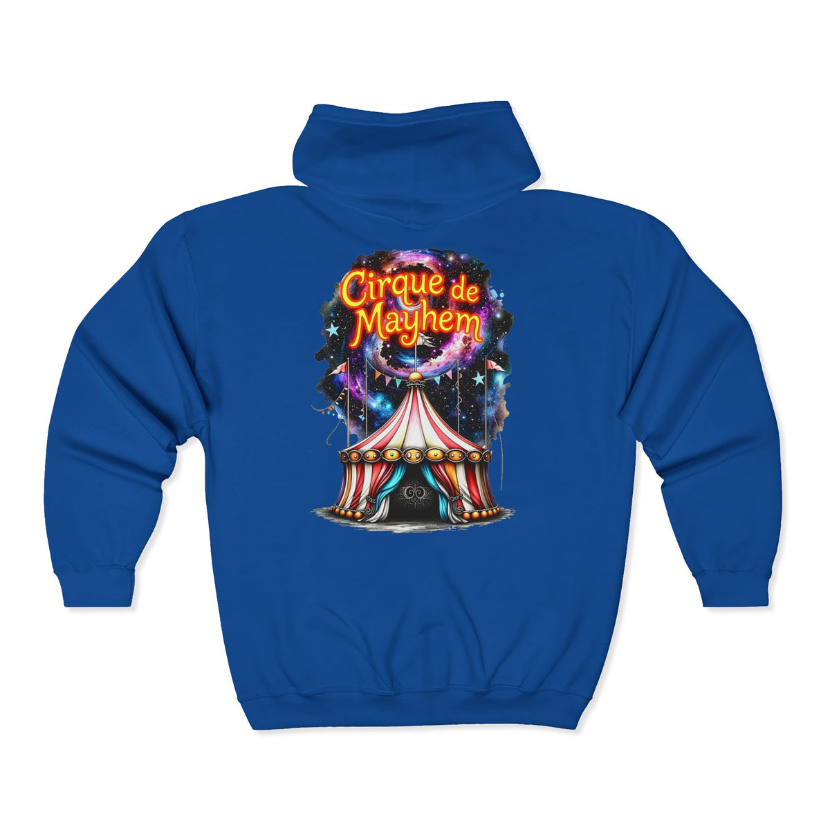 "Cirque de Mayhem" Zip Hoodie — Vintage Carnival Tent & Fairy Illustration - Front and Back Graphic - Marijuana Widow