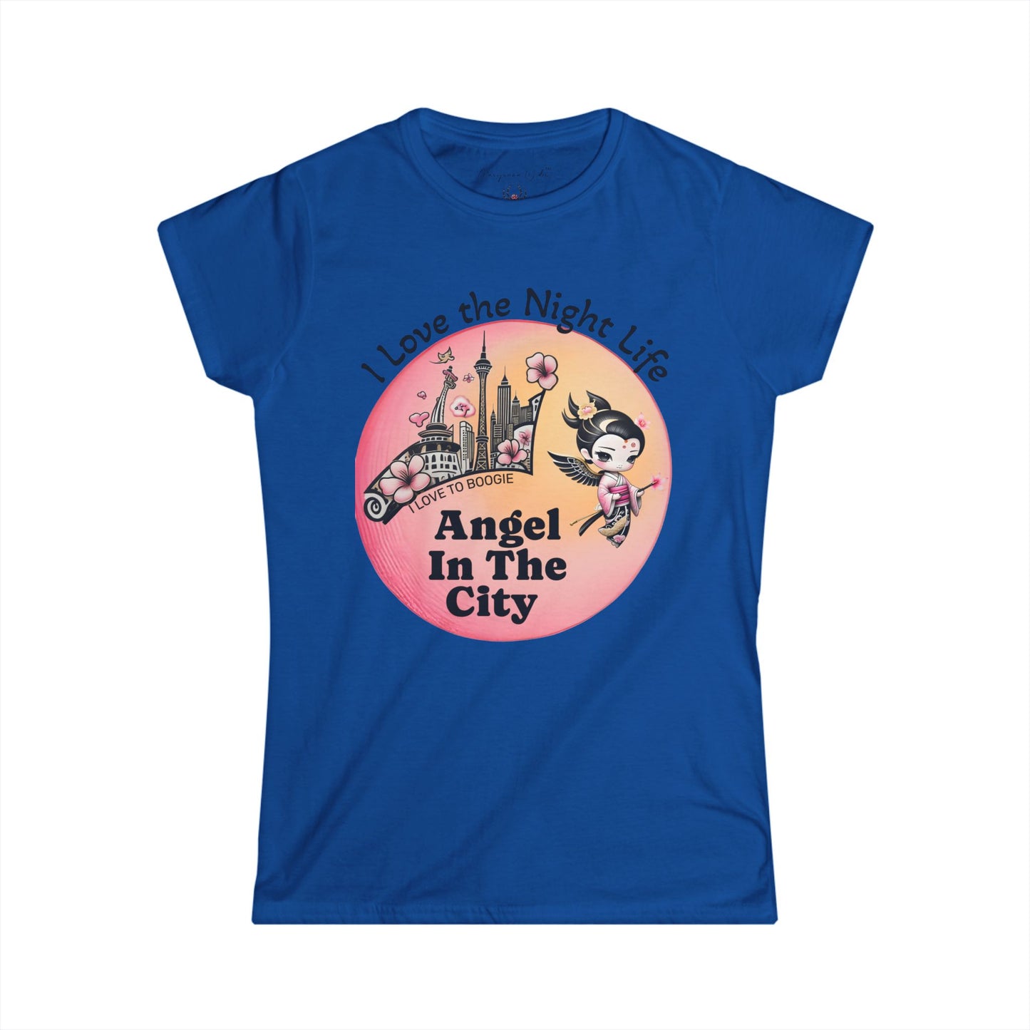 Geisha Angel in the City Women's Tee — I Love the Night Life — Cherry Blossom Pink Moon