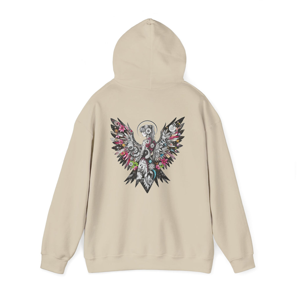 Angel Wings - Floral Skull Raven Hoodie — Gothic Boho Wings Pullover Front and Back Graphic - Marijuana Widow