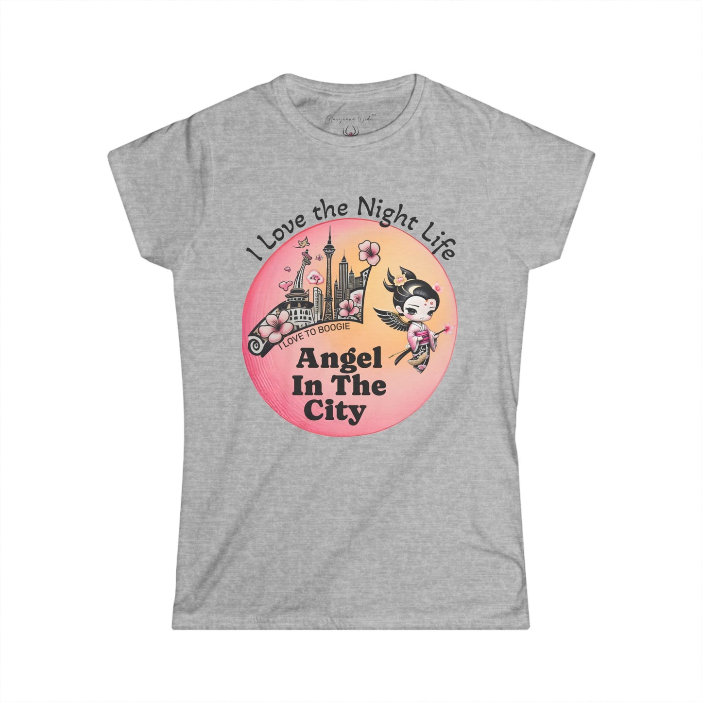 Geisha Angel in the City Women's Tee — I Love the Night Life — Cherry Blossom Pink Moon