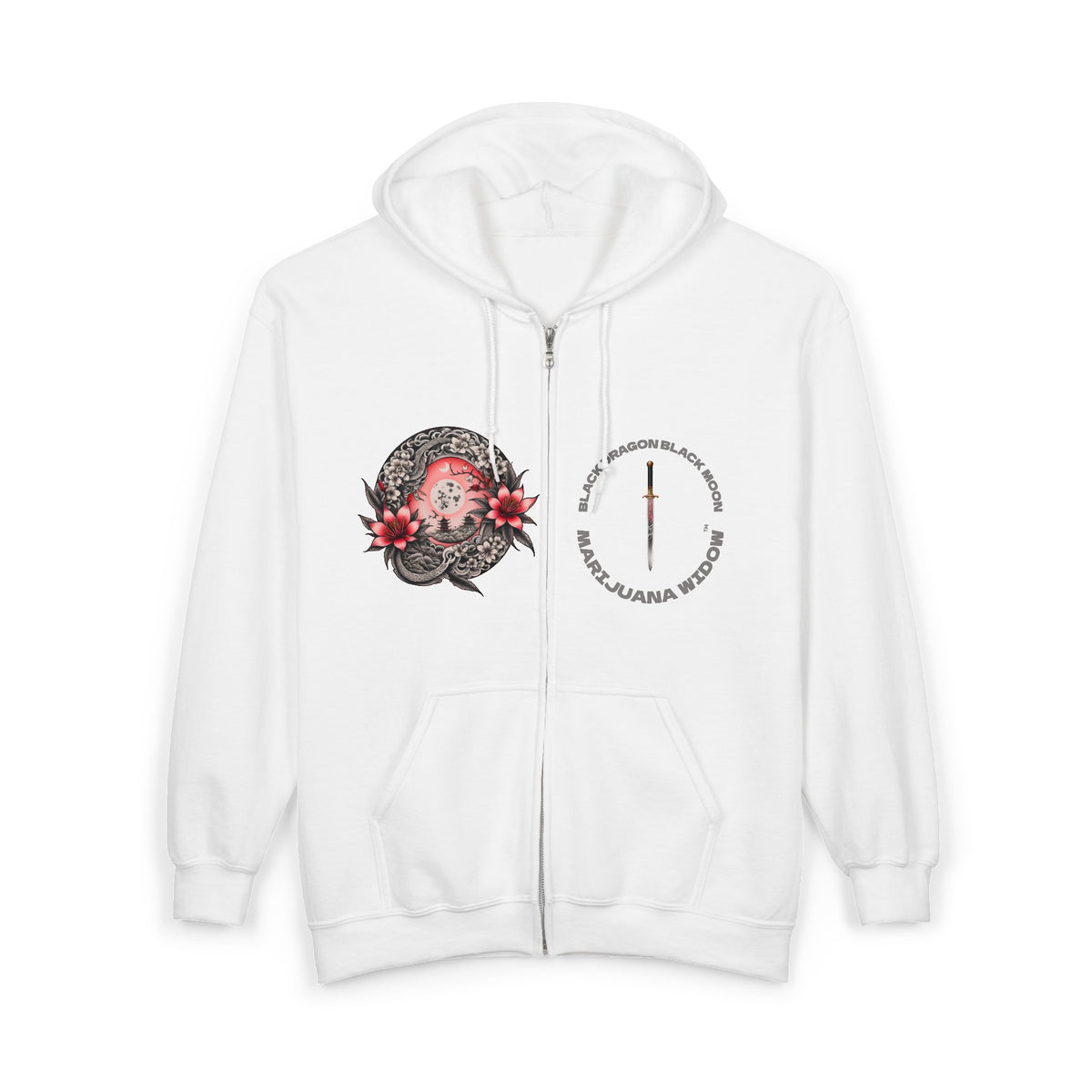 Black Dragon, Black Moon - Dragon Dagger Zip Hoodie – Sakura Sword Back Graphic - Marijuana Widow