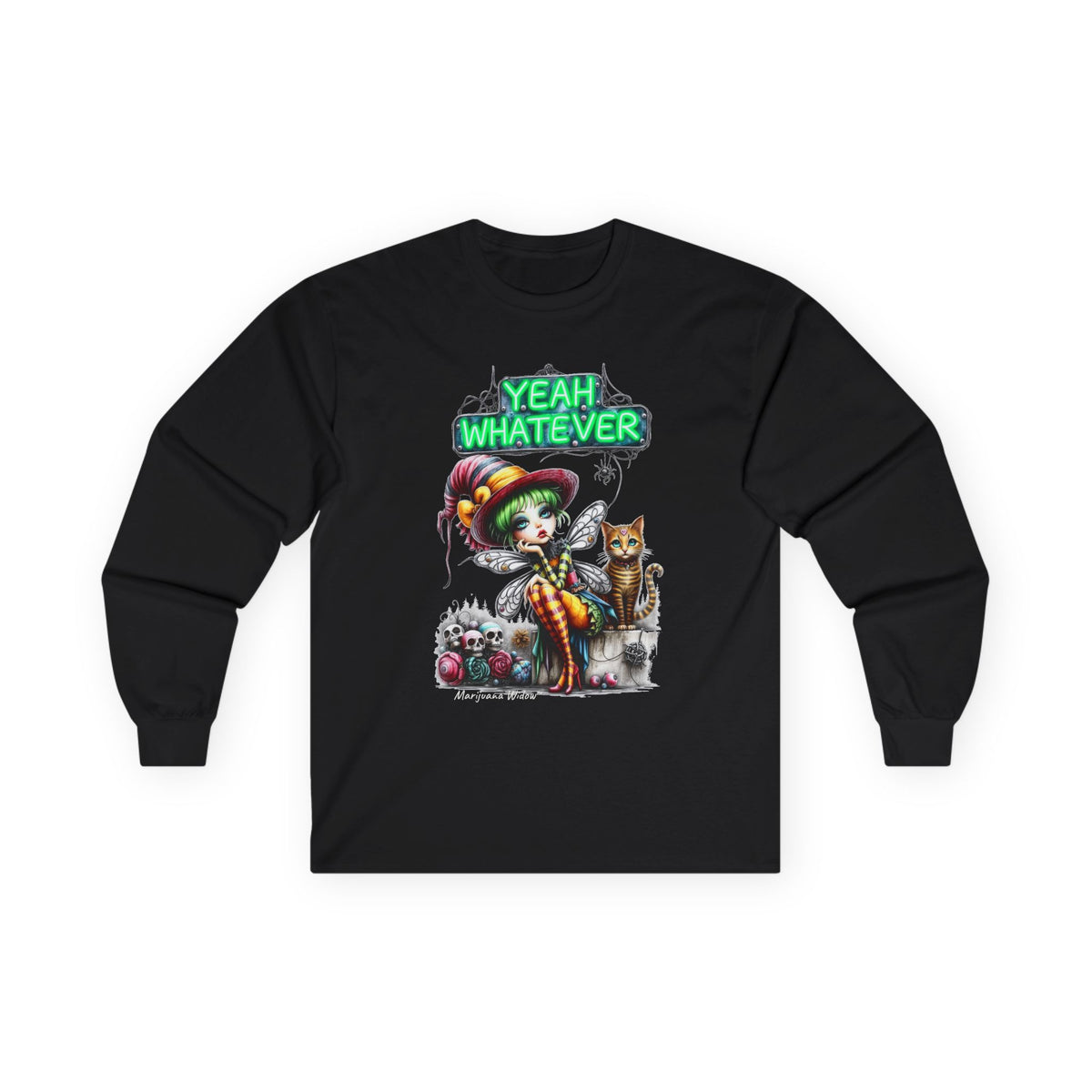 Halloween Fairy - Yeah Whatever - Fairy and Skeleton with Cat - Unisex Long Sleeve Tee - Marijuana Widow