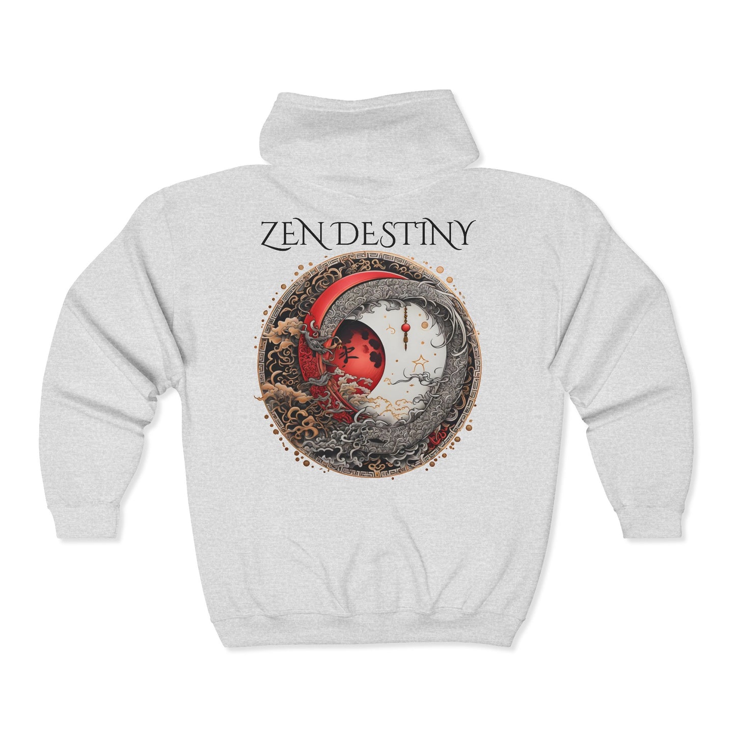 Zen Destiny - Moon & Butterfly Zip Hoodie — Japanese-Inspired Crescent Moon Graphic Zip-Up Unisex Sweatshirt