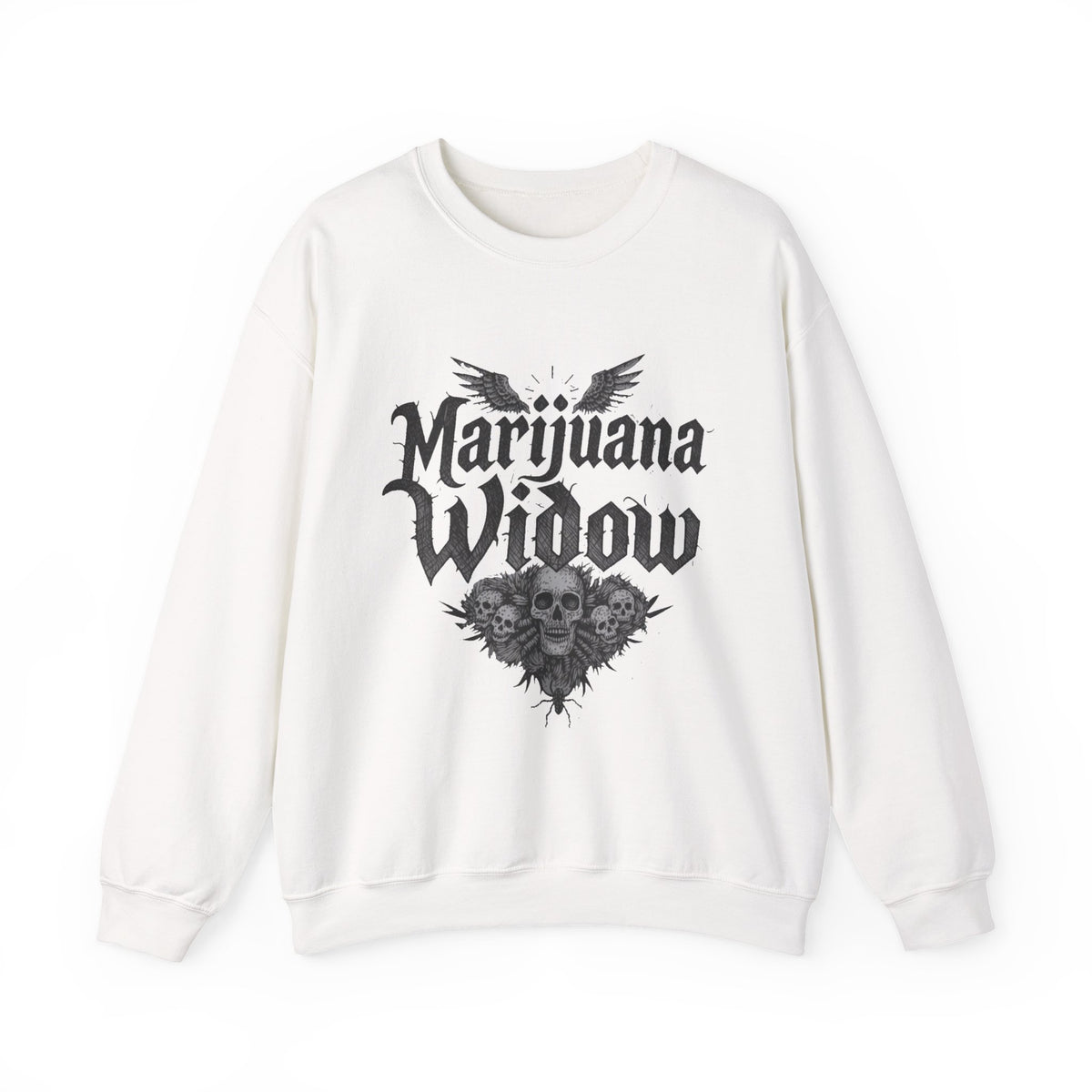 Marijuana Widow Gothic Angel Wings Sweatshirt - Wings Skulls Graphic Front and Back - Marijuana Widow