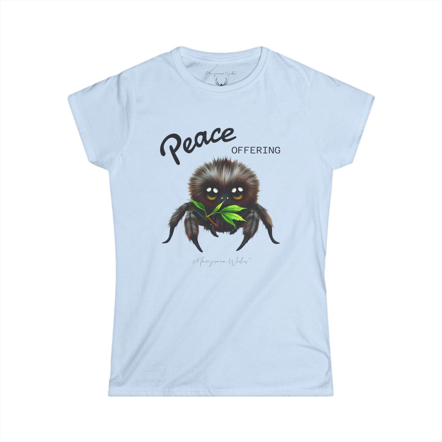 Cute Fluffy Spider Tee — Big‑Eyed Spider Holding Green Marijuana Leaves - Women's Tee