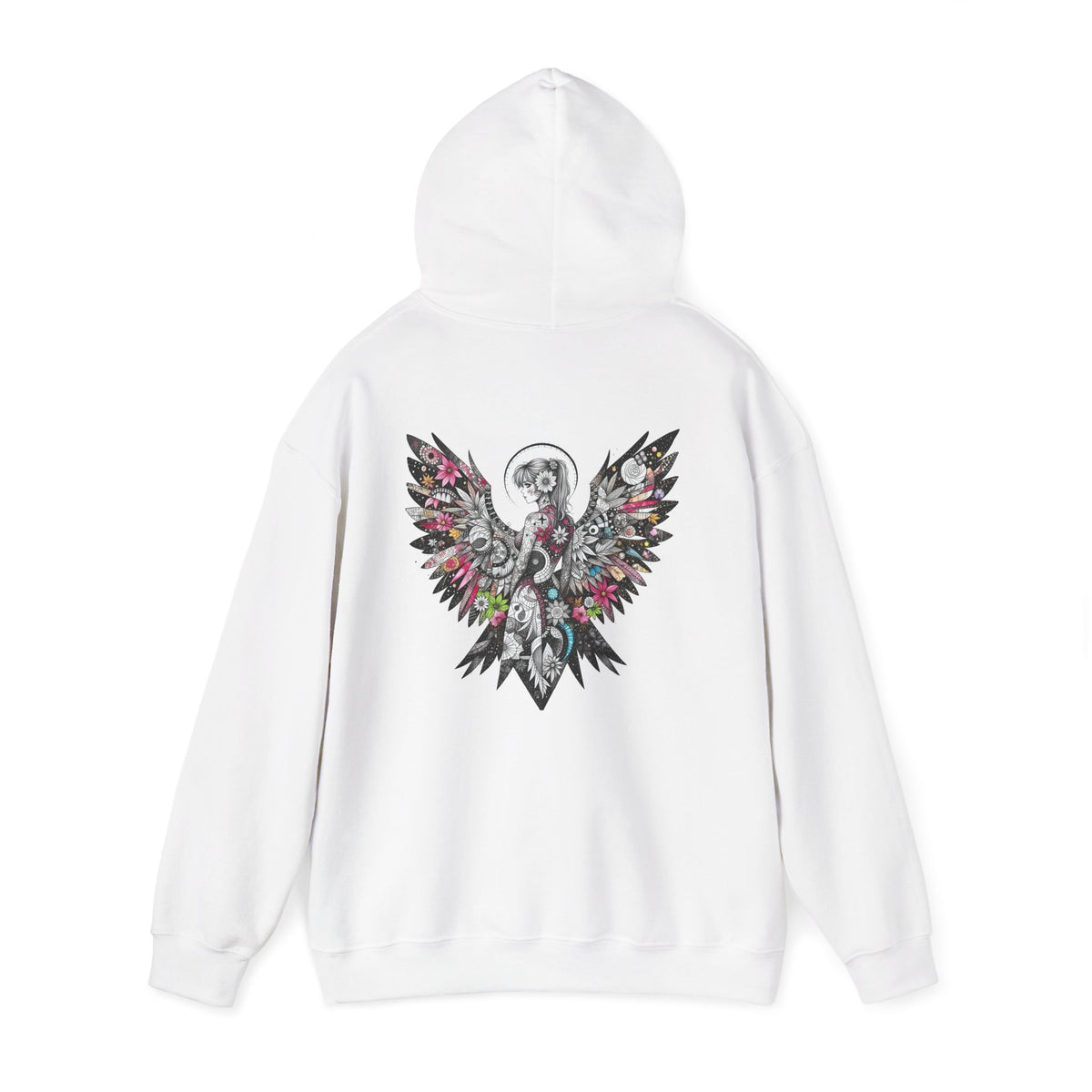 Angel Wings - Floral Skull Raven Hoodie — Gothic Boho Wings Pullover Front and Back Graphic - Marijuana Widow