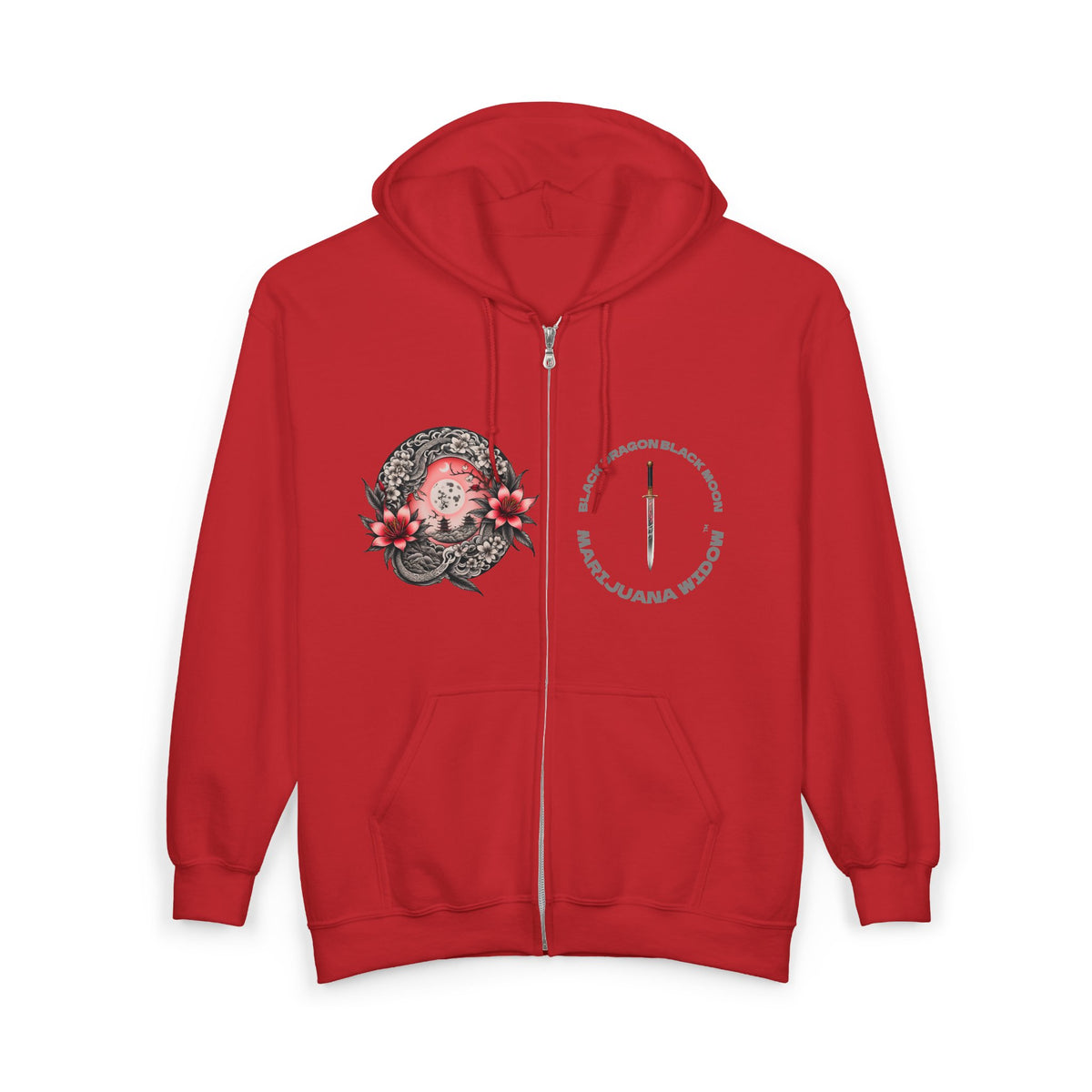 Black Dragon, Black Moon - Dragon Dagger Zip Hoodie – Sakura Sword Back Graphic - Marijuana Widow