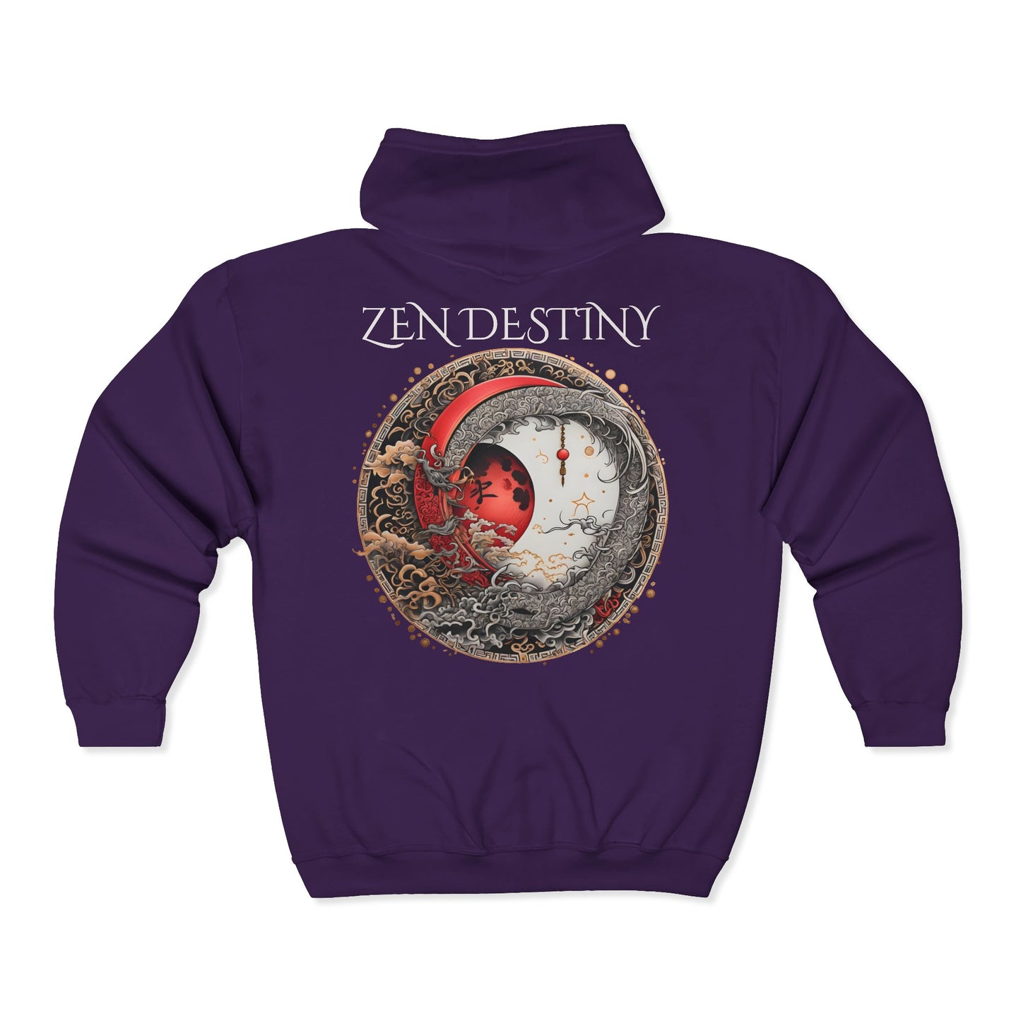Zen Destiny - Moon & Butterfly Zip Hoodie — Japanese-Inspired Crescent Moon Graphic Zip-Up Unisex Sweatshirt