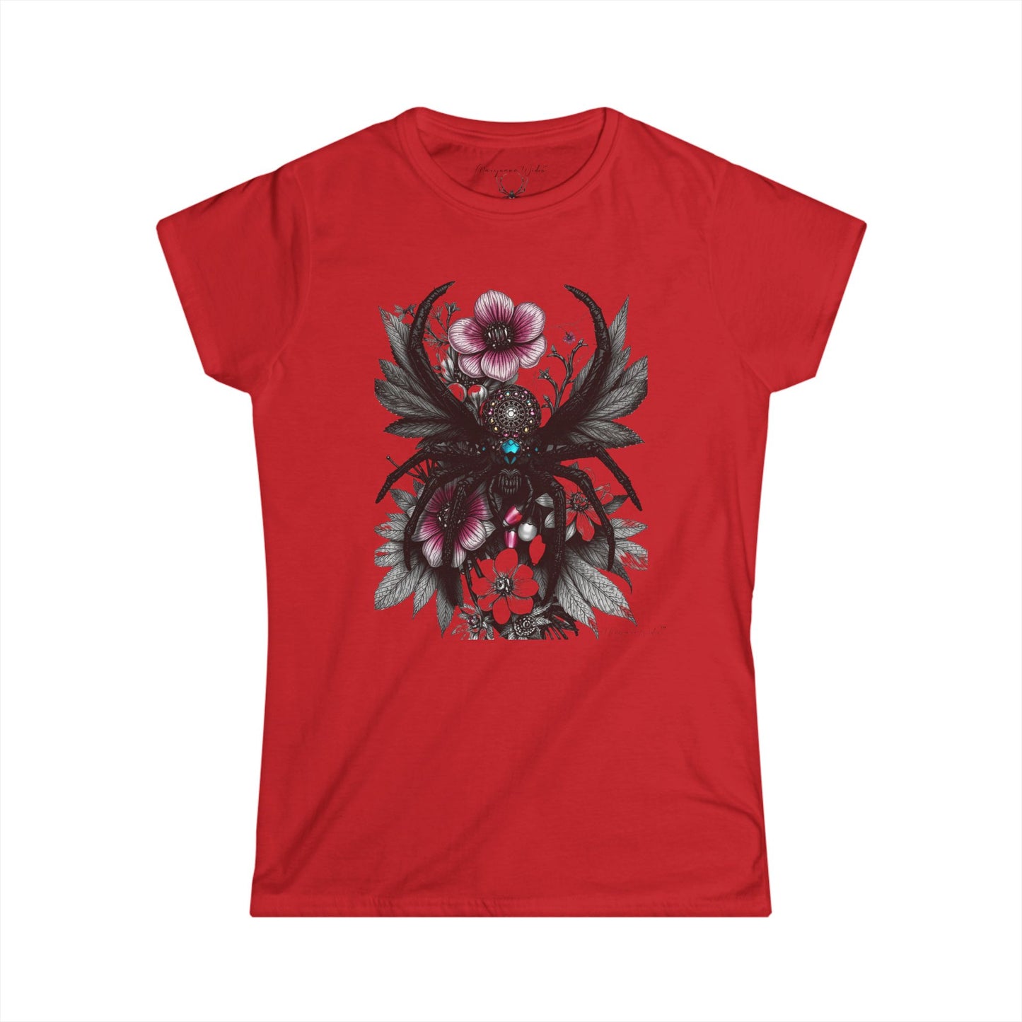 Bejeweled Black Widow Spider - Floral Leaves - Women's Tee