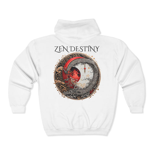 Zen Destiny - Moon & Butterfly Zip Hoodie — Japanese-Inspired Crescent Moon Graphic Zip-Up Unisex Sweatshirt