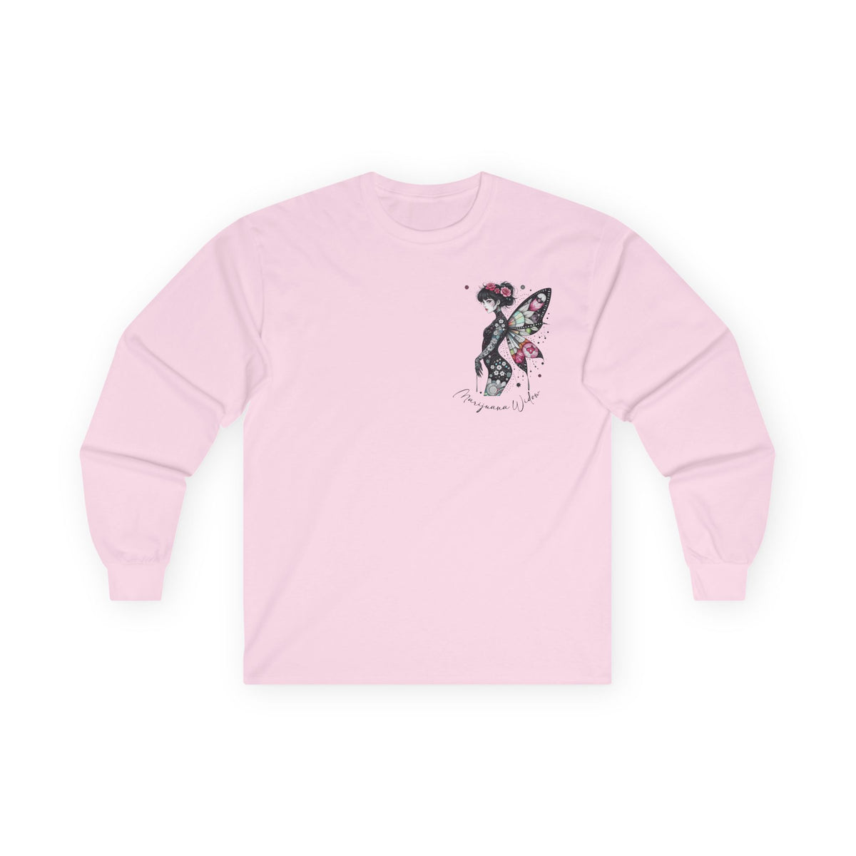 Dripping Ink - Fairy Butterfly Floral Long Sleeve Tee — Watercolor Wings - Front & Back Print Unisex Tee - Marijuana Widow