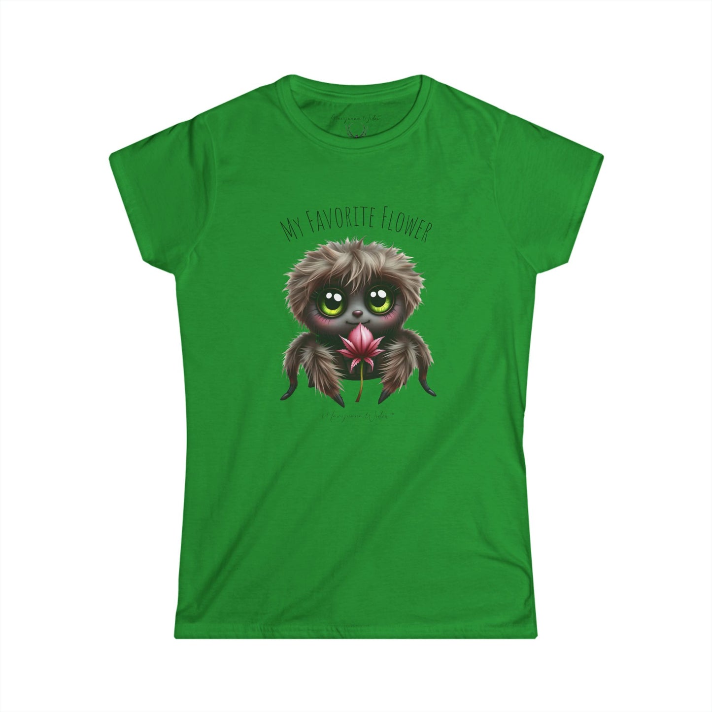Cute Fluffy Spider Tee — Big-Eyed Spider Holding Pink Marijuana Leaf - Women's Tee