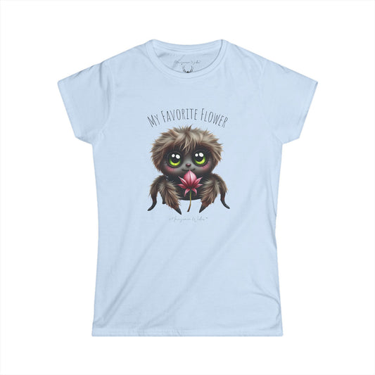 Cute Fluffy Spider Tee — Big-Eyed Spider Holding Pink Marijuana Leaf - Women's Tee