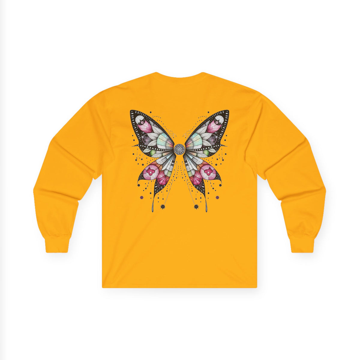 Dripping Ink - Fairy Butterfly Floral Long Sleeve Tee — Watercolor Wings - Front & Back Print Unisex Tee - Marijuana Widow