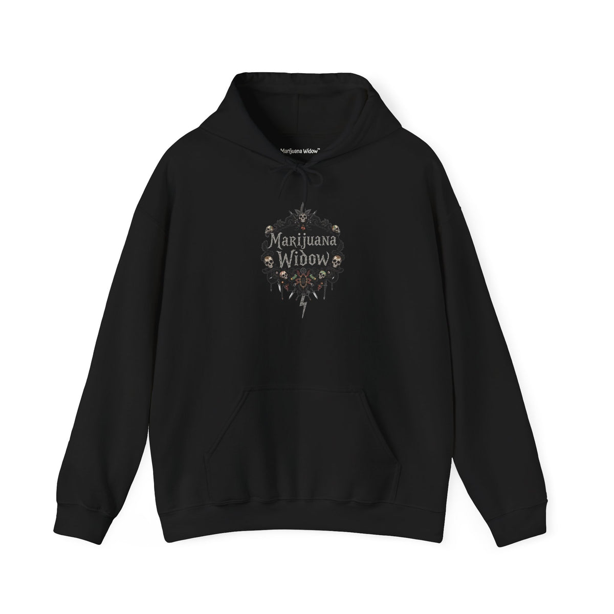 Marijuana Widow "Death Strike" Skulls Hoodie — Gothic Cannabis Floral Graphic Sweatshirt