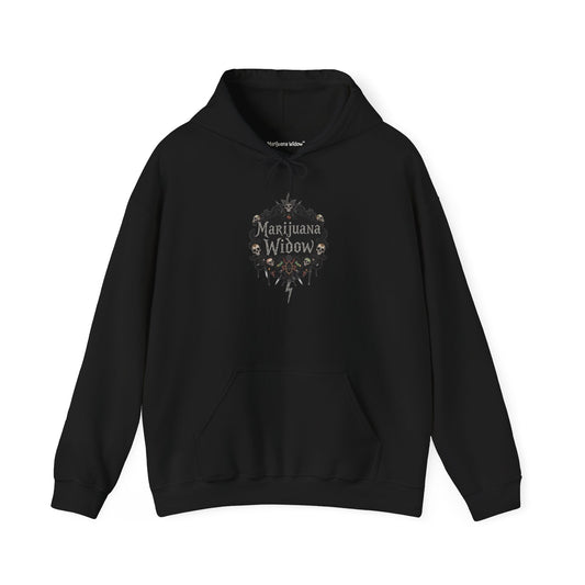 Marijuana Widow "Death Strike" Skulls Hoodie — Gothic Cannabis Floral Graphic Sweatshirt