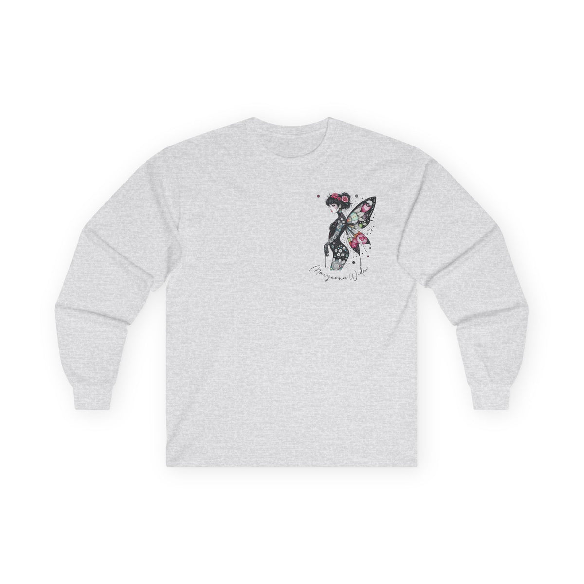 Dripping Ink - Fairy Butterfly Floral Long Sleeve Tee — Watercolor Wings - Front & Back Print Unisex Tee - Marijuana Widow