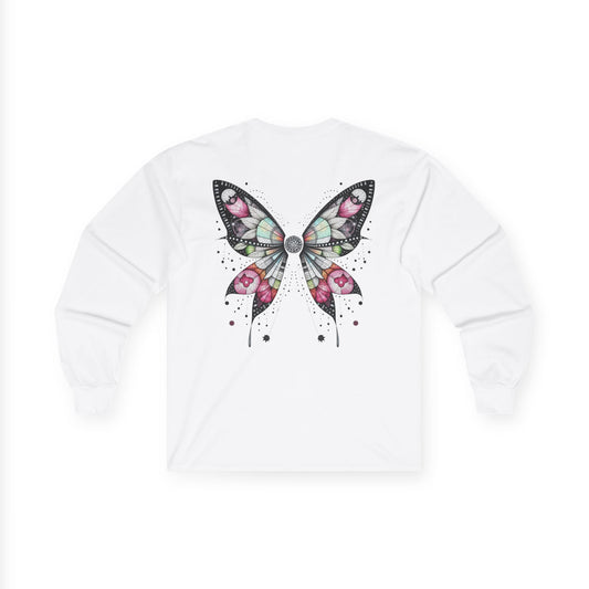 Dripping Ink - Fairy Butterfly Floral Long Sleeve Tee — Watercolor Wings - Front & Back Print Unisex Tee