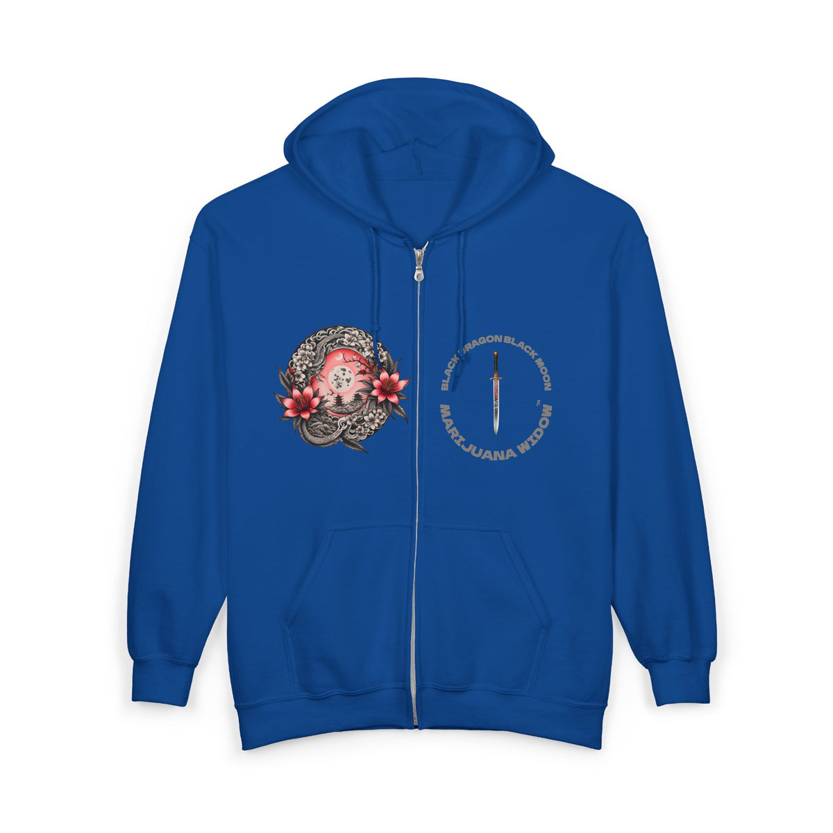 Black Dragon, Black Moon - Dragon Dagger Zip Hoodie – Sakura Sword Back Graphic - Marijuana Widow