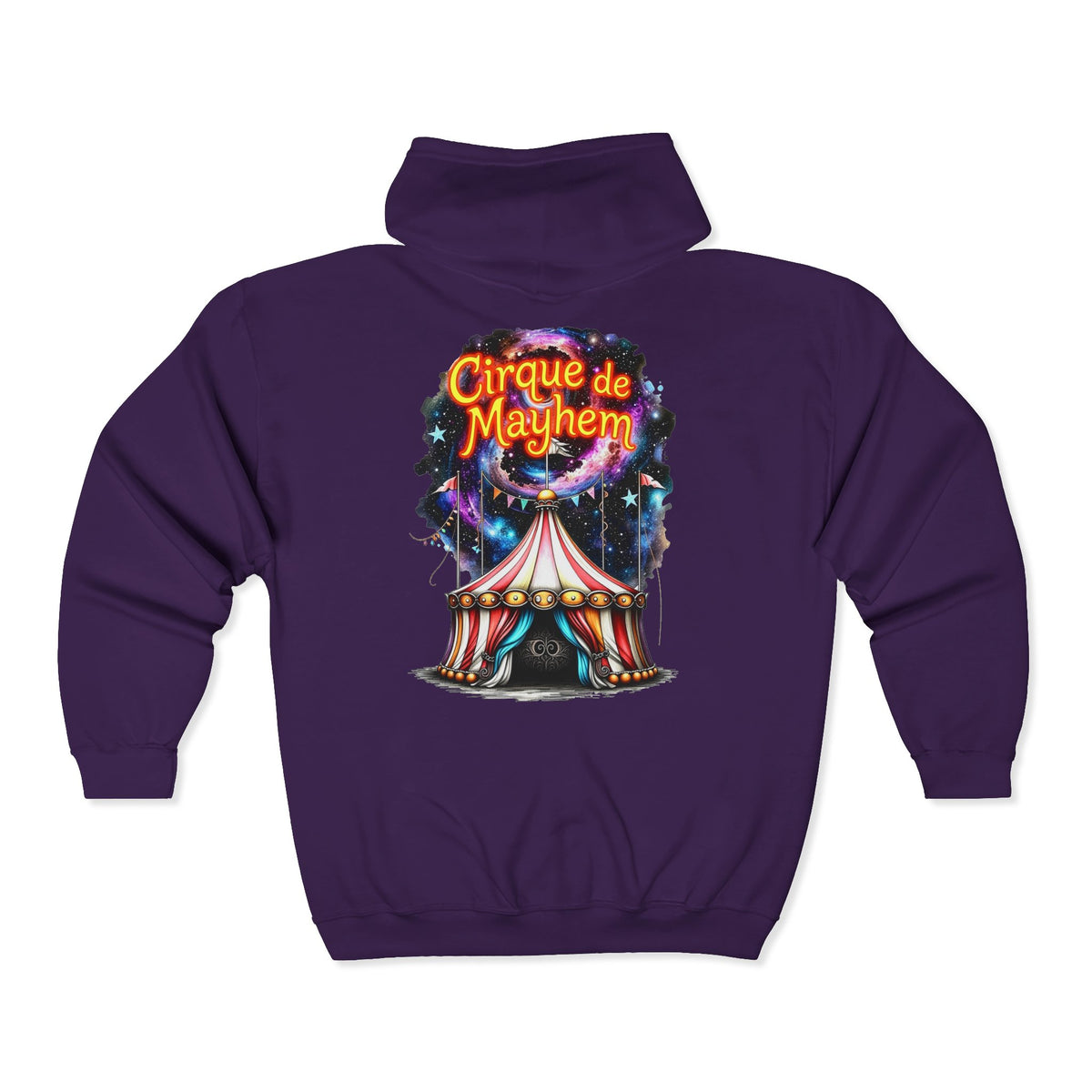 "Cirque de Mayhem" Zip Hoodie — Vintage Carnival Tent & Fairy Illustration - Front and Back Graphic - Marijuana Widow