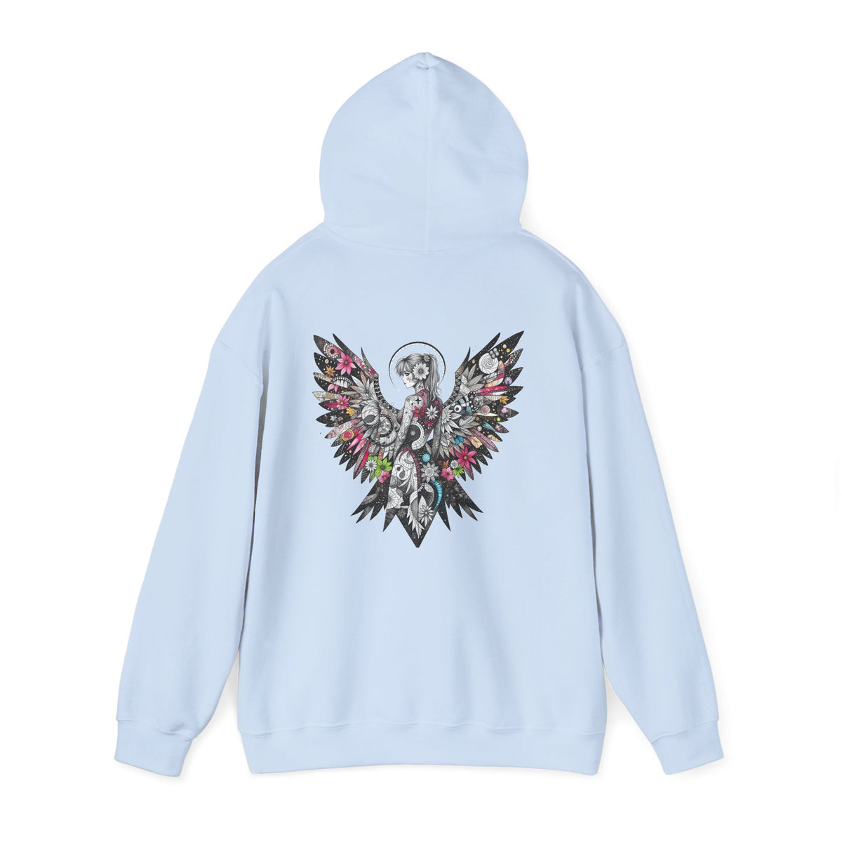 Angel Wings - Floral Skull Raven Hoodie — Gothic Boho Wings Pullover Front and Back Graphic - Marijuana Widow