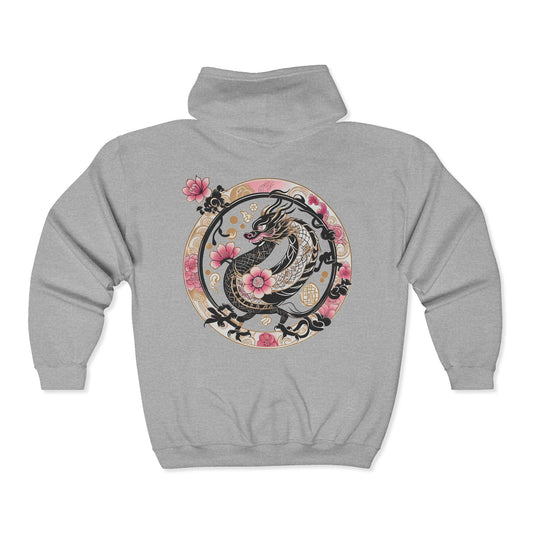 Dragon Sakura Zip Hoodie — Japanese Floral Dragon Full-Zip Unisex Sweatshirt