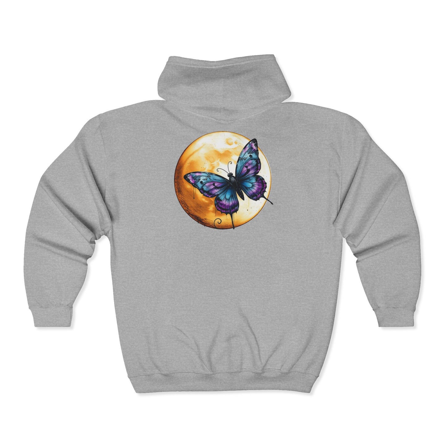 Butterfly & Moon Zip Hoodie — Unisex Full-Zip Sweatshirt