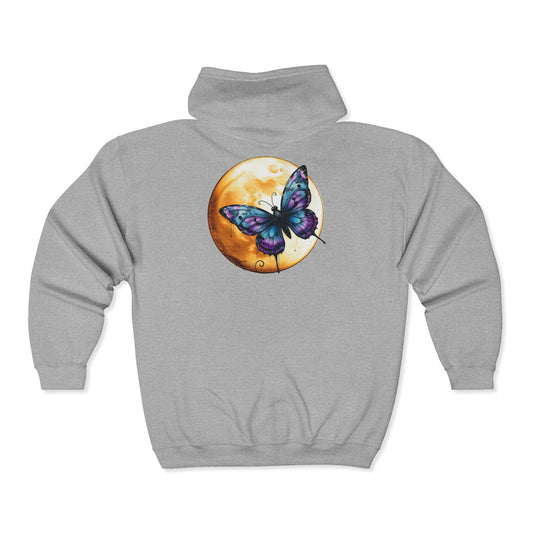 Butterfly & Moon Zip Hoodie — Unisex Full-Zip Sweatshirt