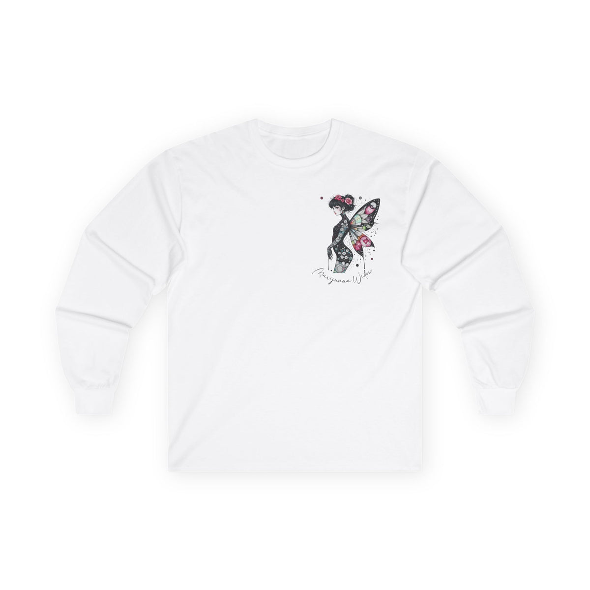 Dripping Ink - Fairy Butterfly Floral Long Sleeve Tee — Watercolor Wings - Front & Back Print Unisex Tee - Marijuana Widow