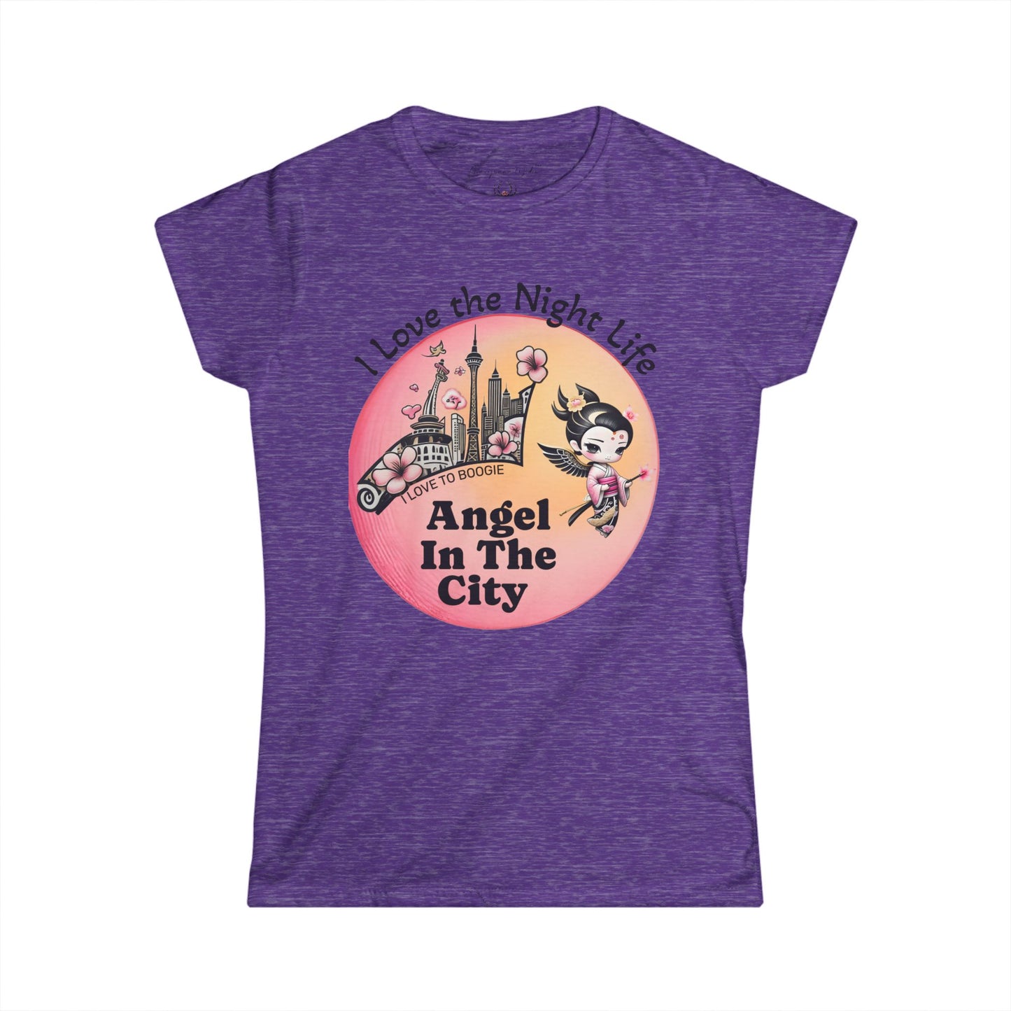 Geisha Angel in the City Women's Tee — I Love the Night Life — Cherry Blossom Pink Moon