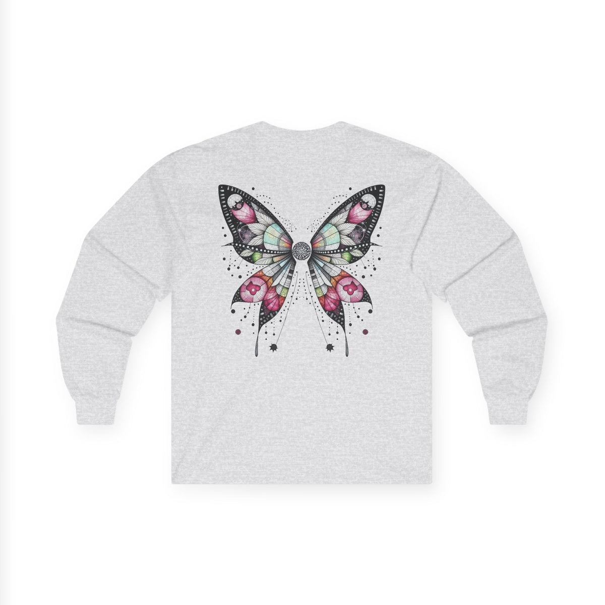 Dripping Ink - Fairy Butterfly Floral Long Sleeve Tee — Watercolor Wings - Front & Back Print Unisex Tee - Marijuana Widow