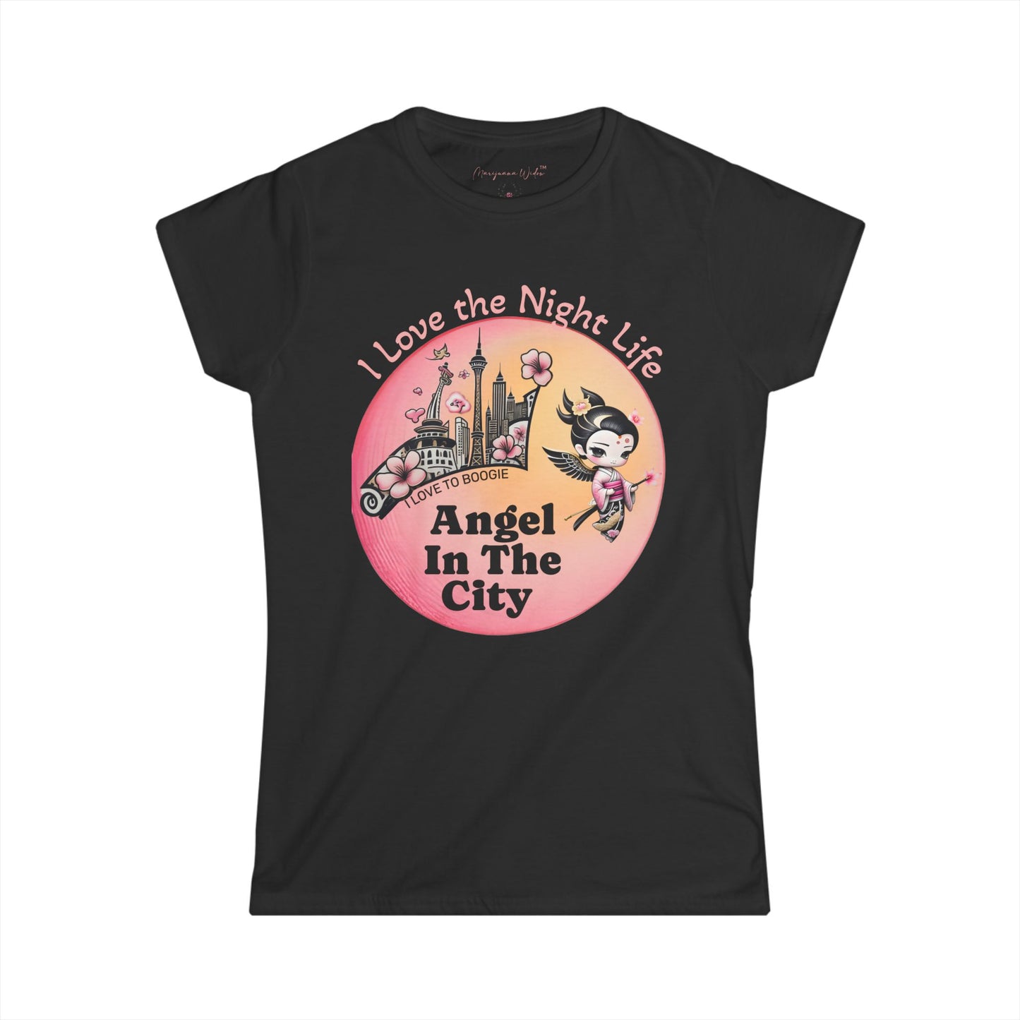 Geisha Angel in the City Women's Tee — I Love the Night Life — Cherry Blossom Pink Moon