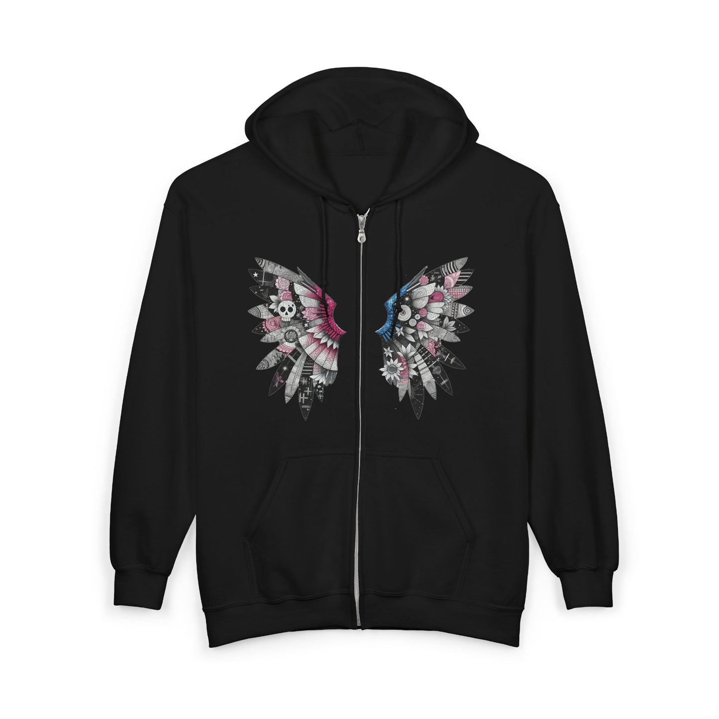 Angel Wings — Floral Skull Back Graphic - Full-Zip Hoodie