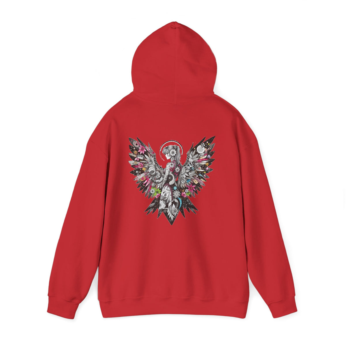 Angel Wings - Floral Skull Raven Hoodie — Gothic Boho Wings Pullover Front and Back Graphic - Marijuana Widow