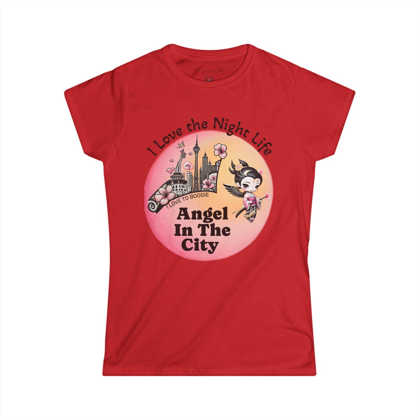 Geisha Angel in the City Women's Tee — I Love the Night Life — Cherry Blossom Pink Moon