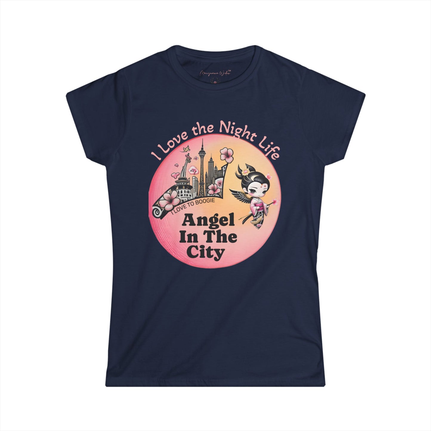 Geisha Angel in the City Women's Tee — I Love the Night Life — Cherry Blossom Pink Moon