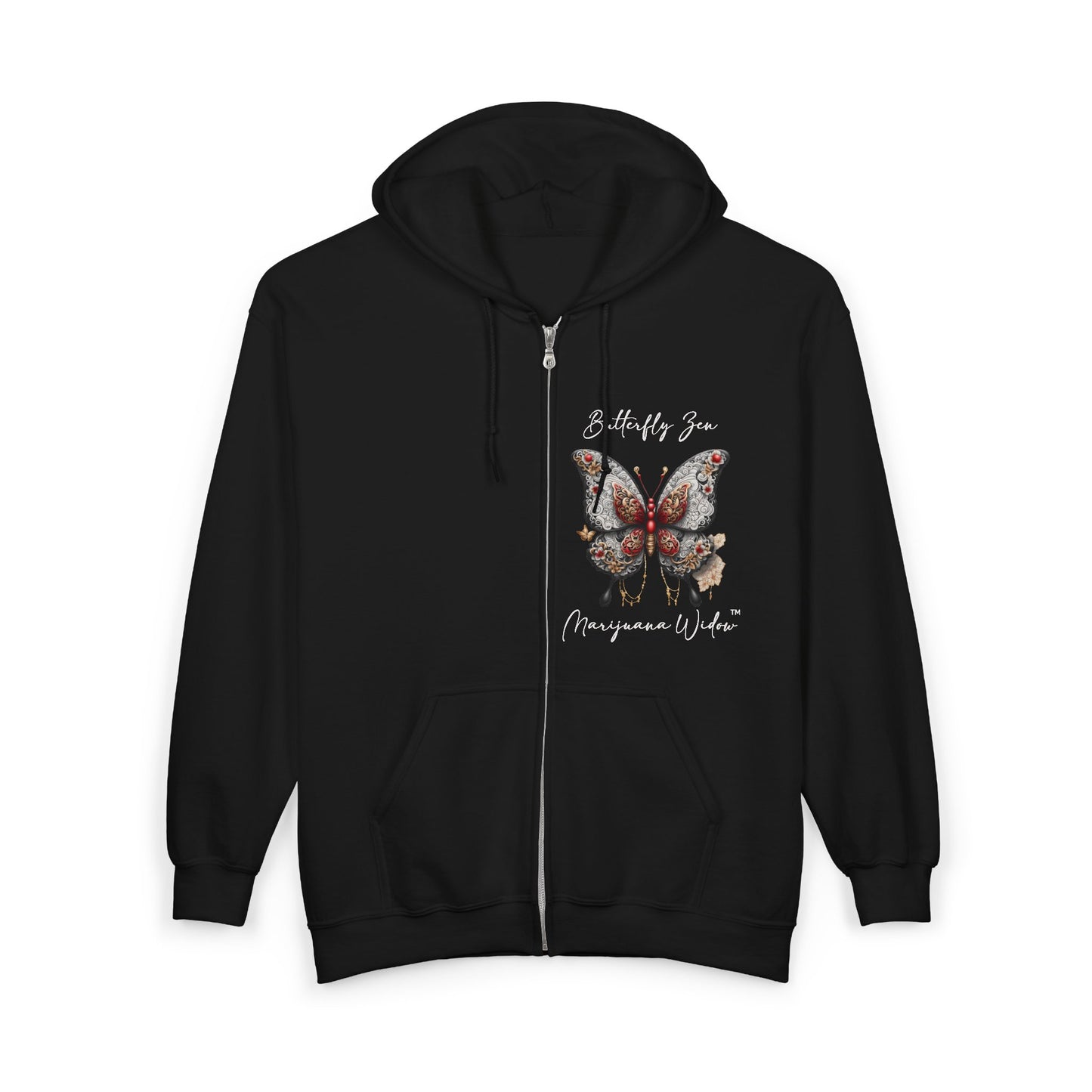 Zen Destiny - Moon & Butterfly Zip Hoodie — Japanese-Inspired Crescent Moon Graphic Zip-Up Unisex Sweatshirt