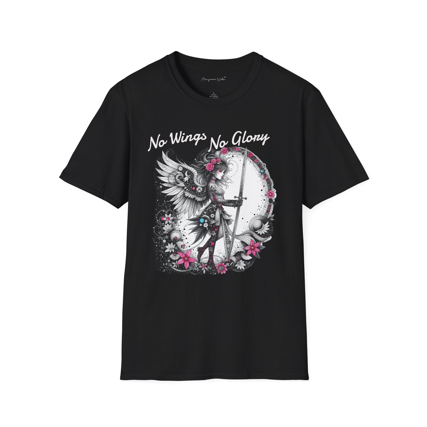 Angel Swordstress T-Shirt — No Wings, No Glory - Gothic Winged Angel Design with Pink Floral Accents - Unisex T-shirt