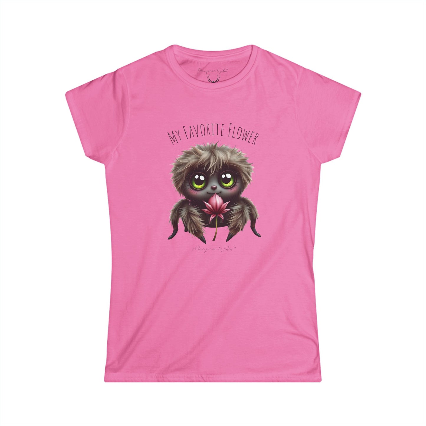Cute Fluffy Spider Tee — Big-Eyed Spider Holding Pink Marijuana Leaf - Women's Tee