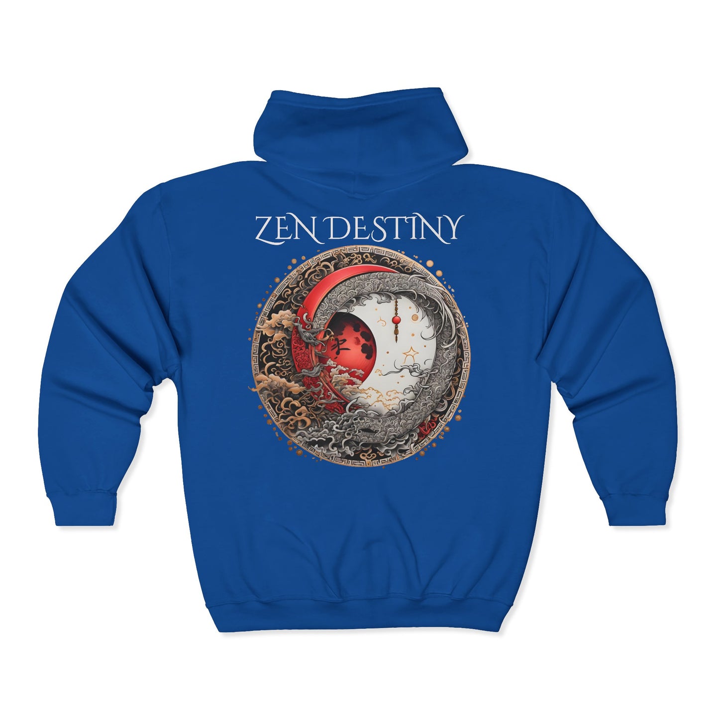 Zen Destiny - Moon & Butterfly Zip Hoodie — Japanese-Inspired Crescent Moon Graphic Zip-Up Unisex Sweatshirt